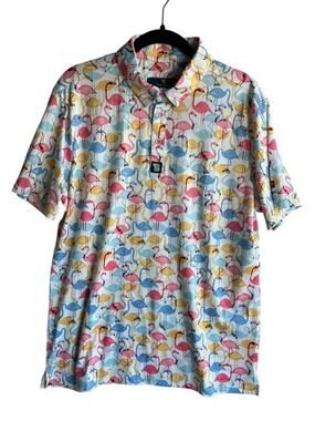 Tom Baine Slim Fit Men's Golf Polo Shirt Colorful Flamingos AOP Size Medium